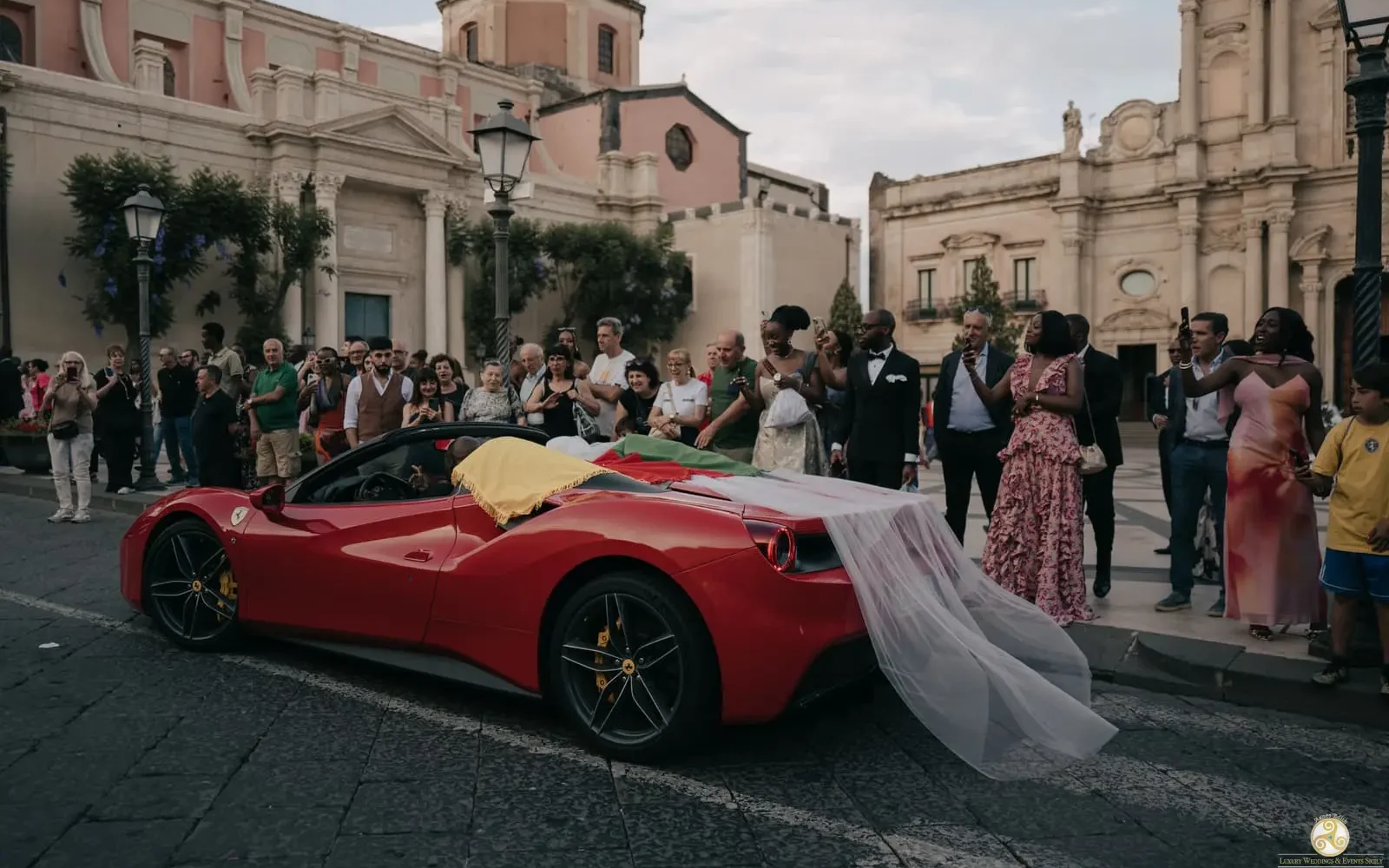 wedding_car_red_ferrari_italy bride and groom in red ferrari go to italian church